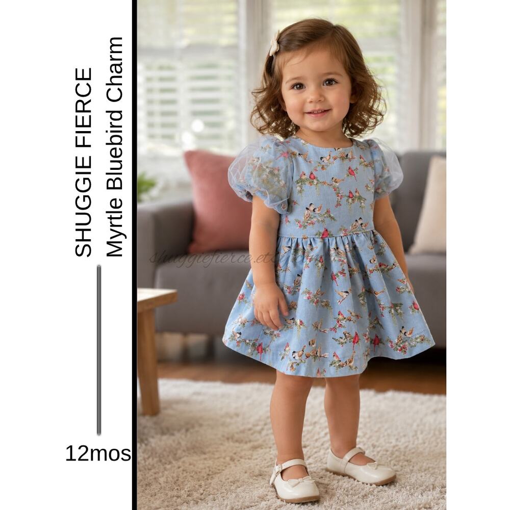 ✨Shuggie Fierce Designs | Myrtle Puff Sleeve Baby Dress  12M | Blue Birds Charm✨
